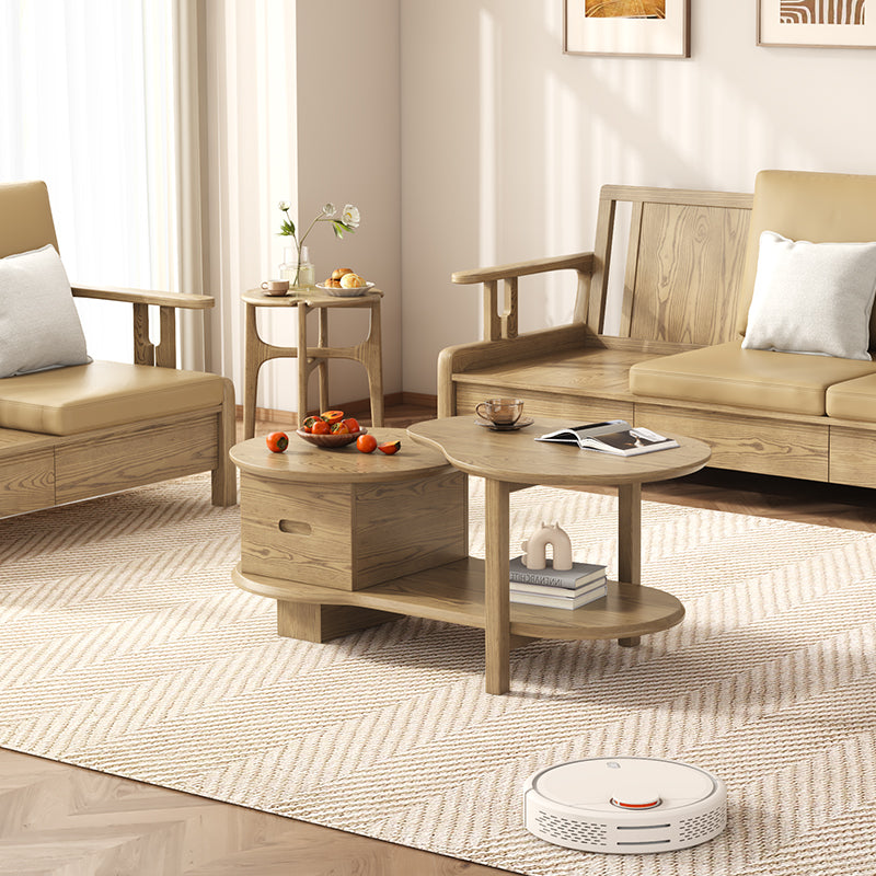 Premium Ash Wood Creative Coffee Table - Staggered Layers & Invisible Slide Drawer 3-Tier For Living Room Lumendat