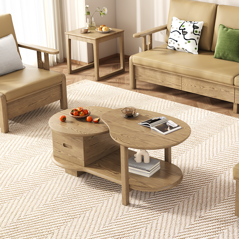 Premium Ash Wood Creative Coffee Table - Staggered Layers & Invisible Slide Drawer 3-Tier For Living Room Lumendat