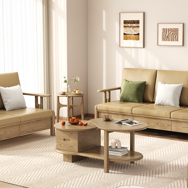 Premium Ash Wood Creative Coffee Table - Staggered Layers & Invisible Slide Drawer 3-Tier For Living Room Lumendat