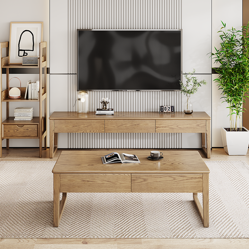 Eco-Friendly Ash Wood Coffee Table - Rectangular Smooth Invisible Slide Drawer 1-Tier For Living Room Lumendat