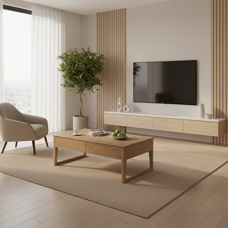 Eco-Friendly Ash Wood Coffee Table - Rectangular Smooth Invisible Slide Drawer 1-Tier For Living Room Lumendat