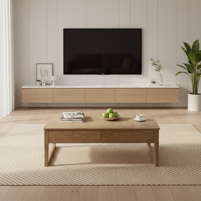 Eco-Friendly Ash Wood Coffee Table - Rectangular Smooth Invisible Slide Drawer 1-Tier For Living Room Lumendat