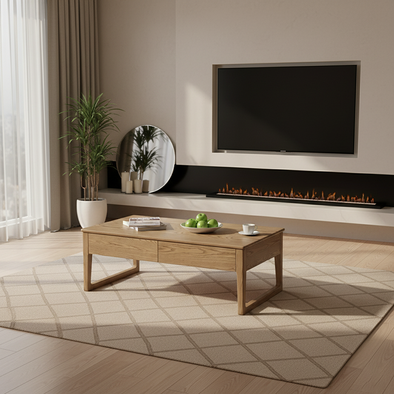 Eco-Friendly Ash Wood Coffee Table - Rectangular Smooth Invisible Slide Drawer 1-Tier For Living Room Lumendat