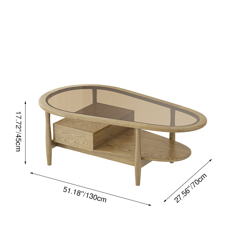 Eco-Friendly Craftsmanship Table - Irregular Oval Design & Premium Ash Wood Coffee Table 1-Drawer For Living Room Lumendat