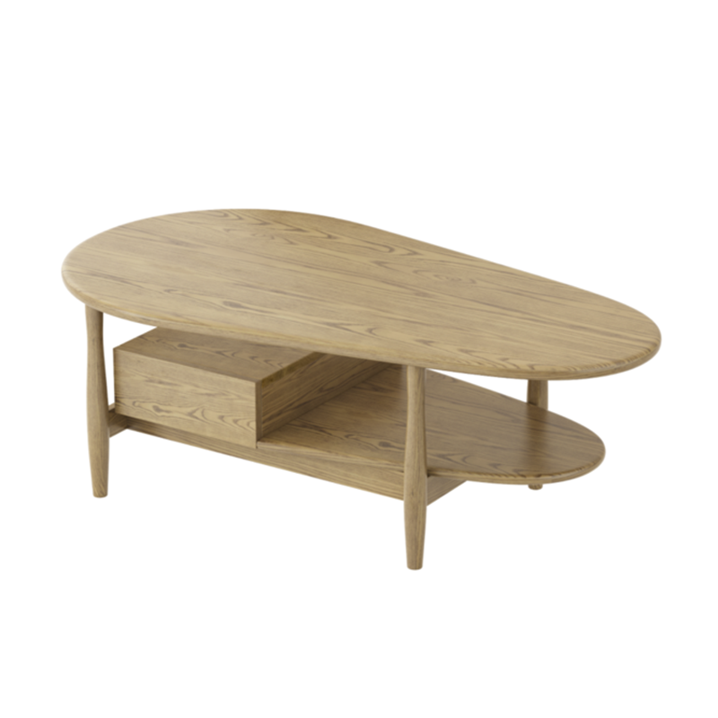 Eco-Friendly Craftsmanship Table - Irregular Oval Design & Premium Ash Wood Coffee Table 1-Drawer For Living Room Lumendat