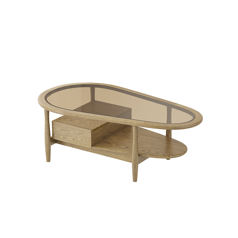 Eco-Friendly Craftsmanship Table - Irregular Oval Design & Premium Ash Wood Coffee Table 1-Drawer For Living Room Lumendat