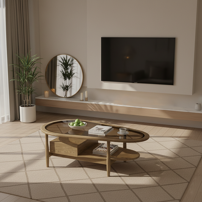 Eco-Friendly Craftsmanship Table - Irregular Oval Design & Premium Ash Wood Coffee Table 1-Drawer For Living Room Lumendat