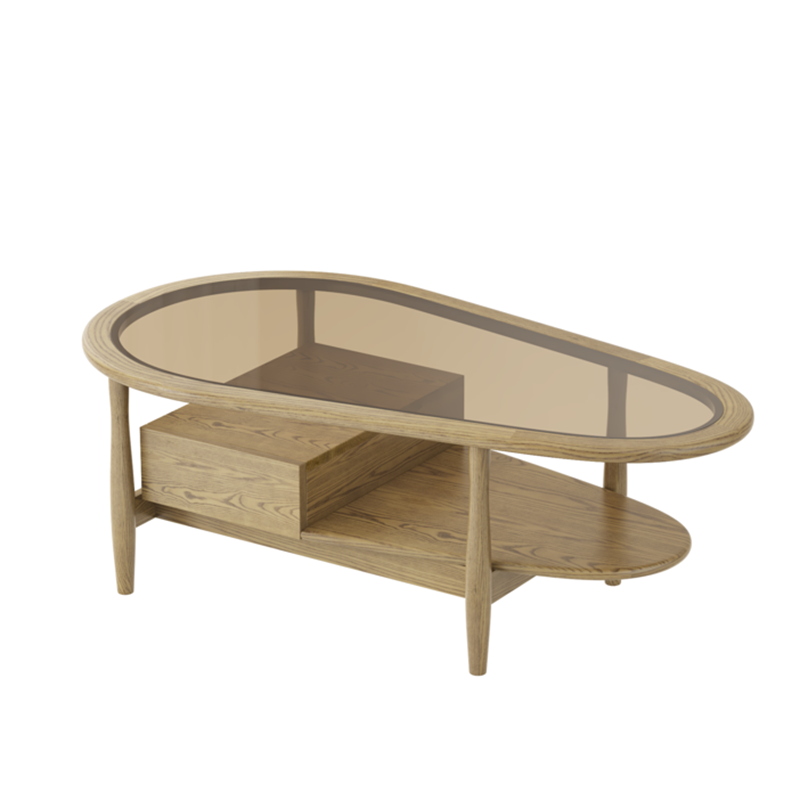 Eco-Friendly Craftsmanship Table - Irregular Oval Design & Premium Ash Wood Coffee Table 1-Drawer For Living Room Lumendat