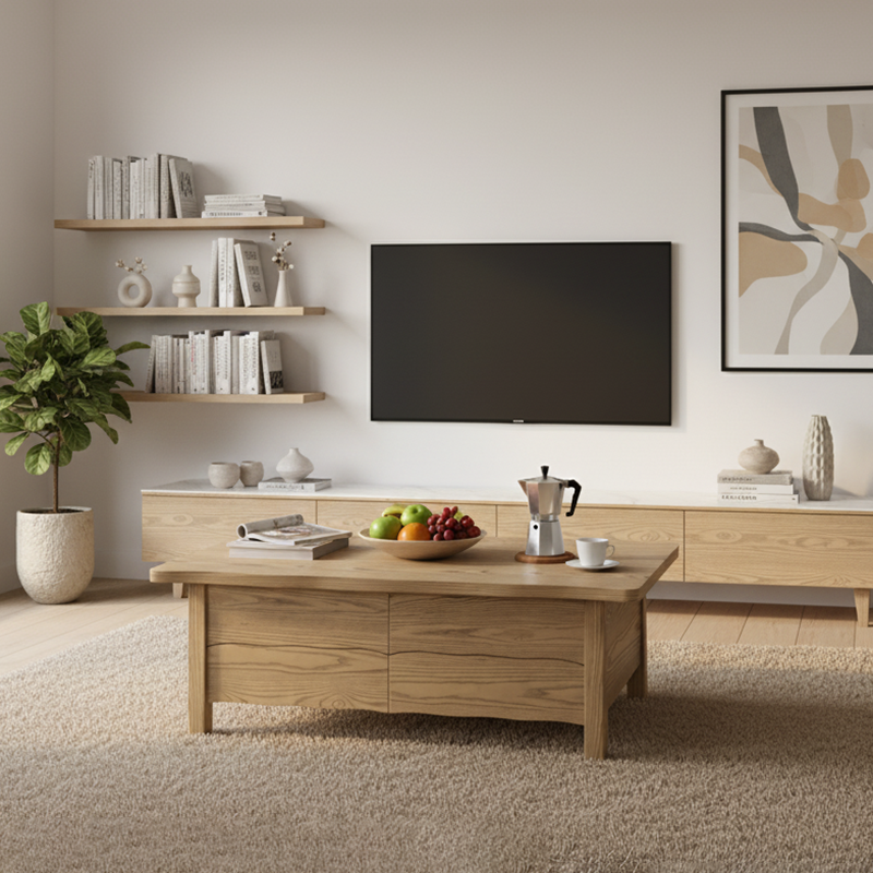 Healthy Home North American Ash Wood Coffee Table - Formaldehyde-Free & Smooth Drawers Table 4-Legs For Living Room Lumendat