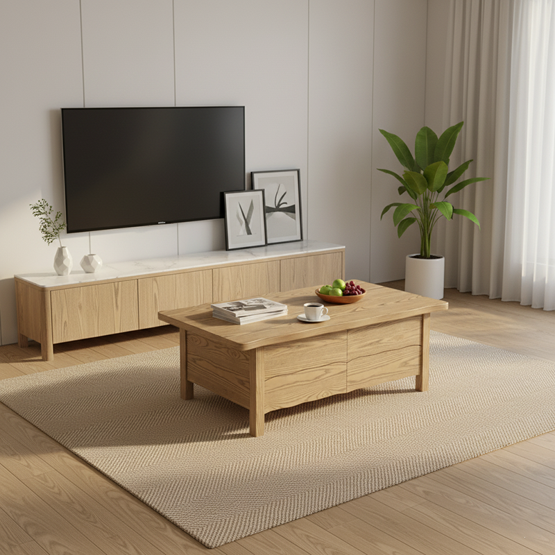 Healthy Home North American Ash Wood Coffee Table - Formaldehyde-Free & Smooth Drawers Table 4-Legs For Living Room Lumendat