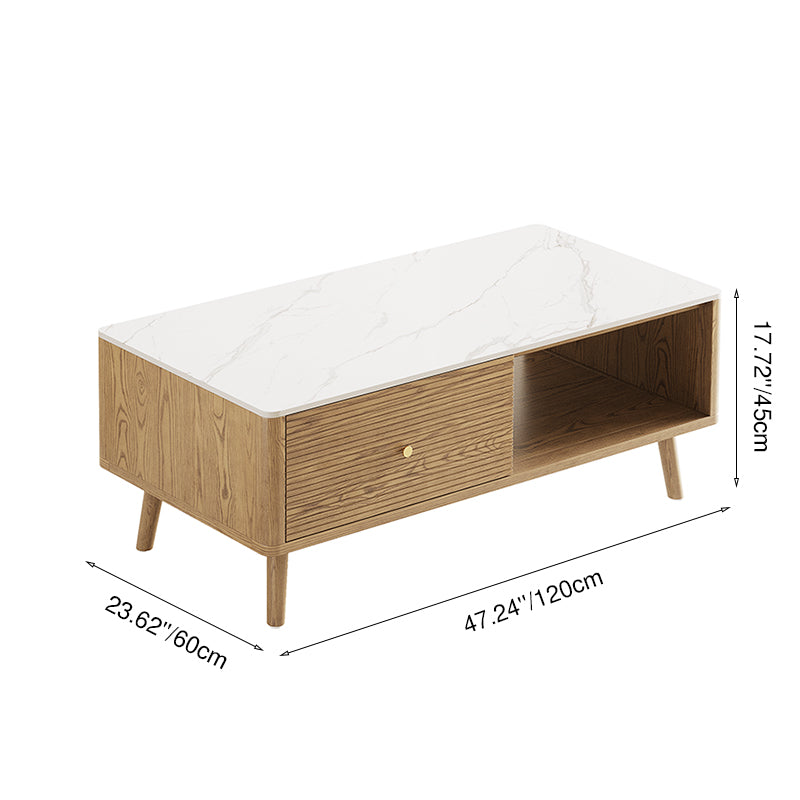 Practical Traditional French Coffee Table - Durable Ash Wood & Rock Slab Tabletop Table 2-Tier For Living Room Lumendat