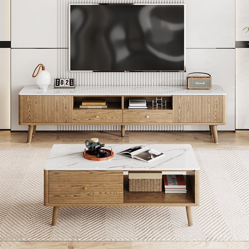 Practical Traditional French Coffee Table - Durable Ash Wood & Rock Slab Tabletop Table 2-Tier For Living Room Lumendat