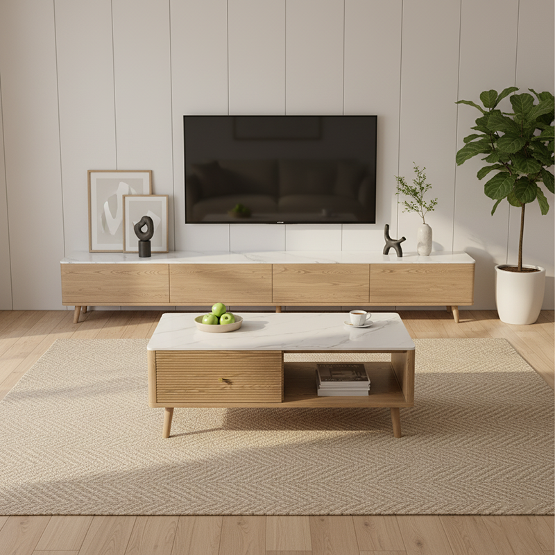 Practical Traditional French Coffee Table - Durable Ash Wood & Rock Slab Tabletop Table 2-Tier For Living Room Lumendat