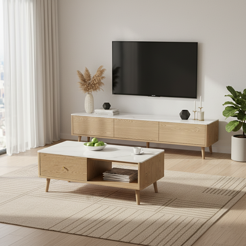 Practical Traditional French Coffee Table - Durable Ash Wood & Rock Slab Tabletop Table 2-Tier For Living Room Lumendat