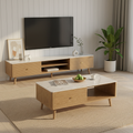 Practical Traditional French Coffee Table - Durable Ash Wood & Rock Slab Tabletop Table 2-Tier For Living Room Lumendat