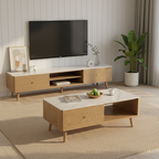 Practical Traditional French Coffee Table - Durable Ash Wood & Rock Slab Tabletop Table 2-Tier For Living Room Lumendat