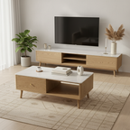 Practical Traditional French Coffee Table - Durable Ash Wood & Rock Slab Tabletop Table 2-Tier For Living Room Lumendat