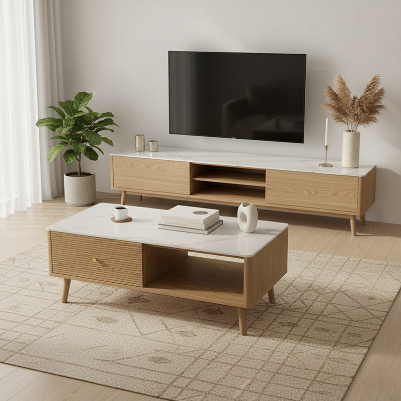 Practical Traditional French Coffee Table - Durable Ash Wood & Rock Slab Tabletop Table 2-Tier For Living Room Lumendat