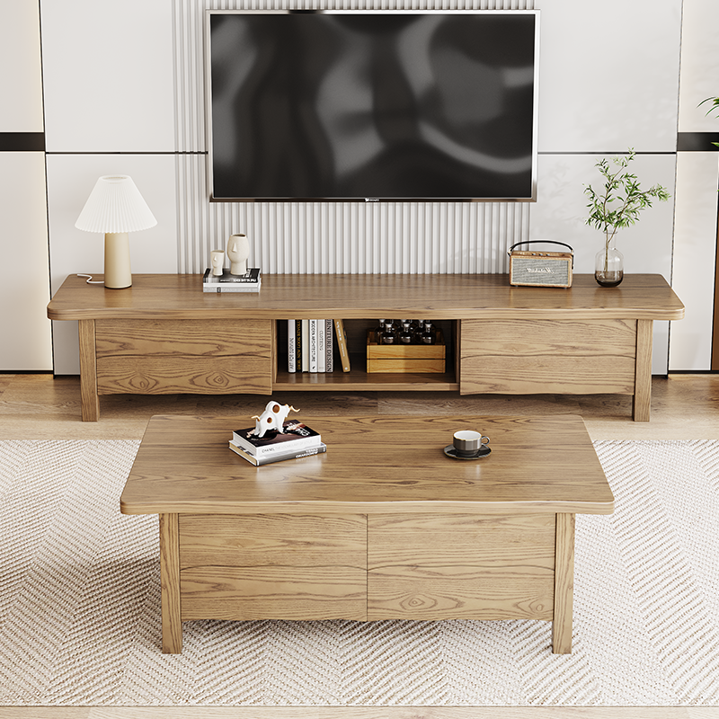 Formaldehyde-Free Ash Wood TV Stand - Modern Minimalist Solid Construction & Open Compartment TV Cabinet 2 -Drawer For Living Room Lumendat