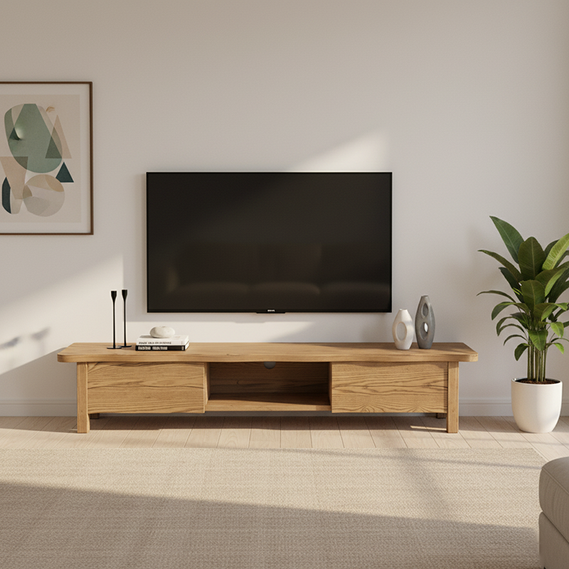 Formaldehyde-Free Ash Wood TV Stand - Modern Minimalist Solid Construction & Open Compartment TV Cabinet 2 -Drawer For Living Room Lumendat