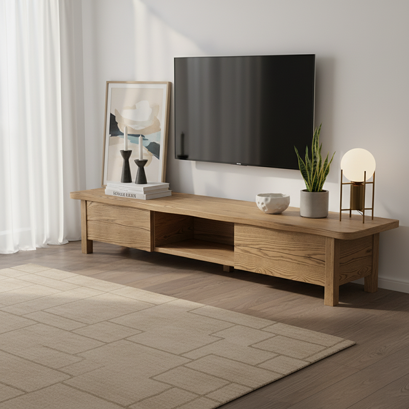 Formaldehyde-Free Ash Wood TV Stand - Modern Minimalist Solid Construction & Open Compartment TV Cabinet 2 -Drawer For Living Room Lumendat