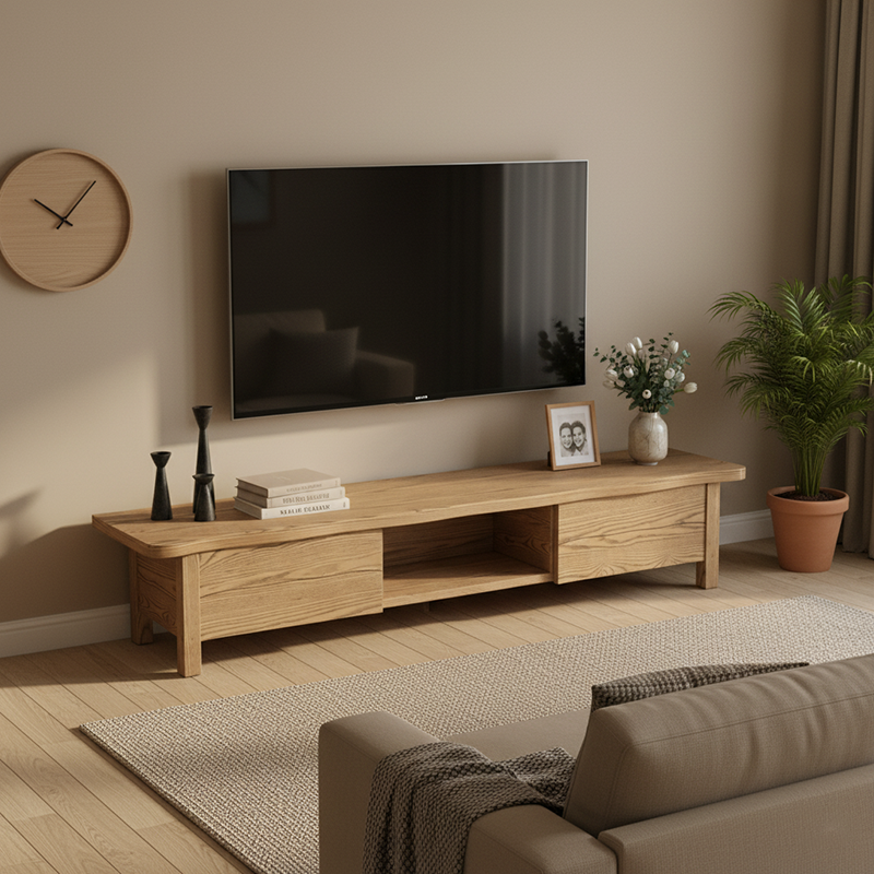 Formaldehyde-Free Ash Wood TV Stand - Modern Minimalist Solid Construction & Open Compartment TV Cabinet 2 -Drawer For Living Room Lumendat