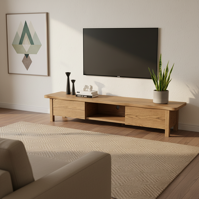 Formaldehyde-Free Ash Wood TV Stand - Modern Minimalist Solid Construction & Open Compartment TV Cabinet 2 -Drawer For Living Room Lumendat