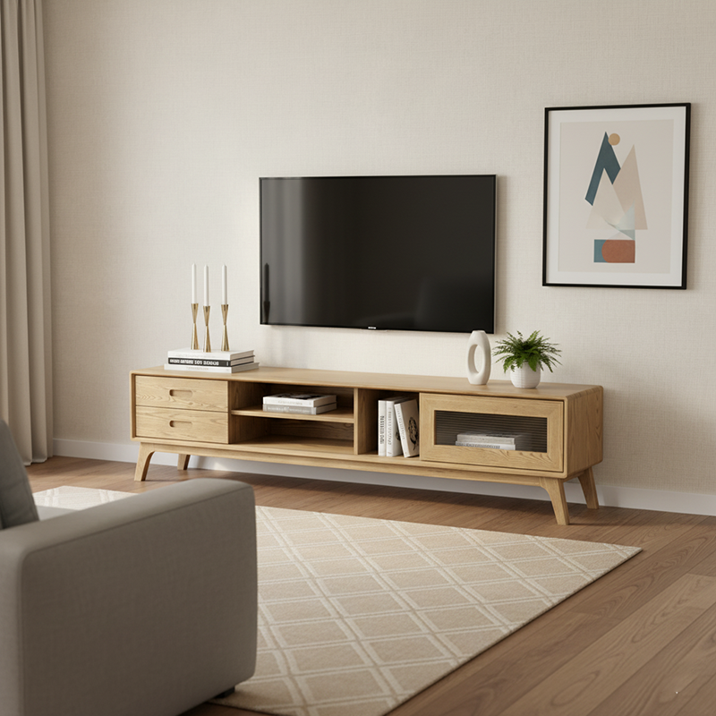 Non-Toxic Ash Wood TV Stand - Modern Minimalist Invisible Slide Drawer & Open Shelf Design TV Cabinet 2 -Drawer For Living Room Lumendat