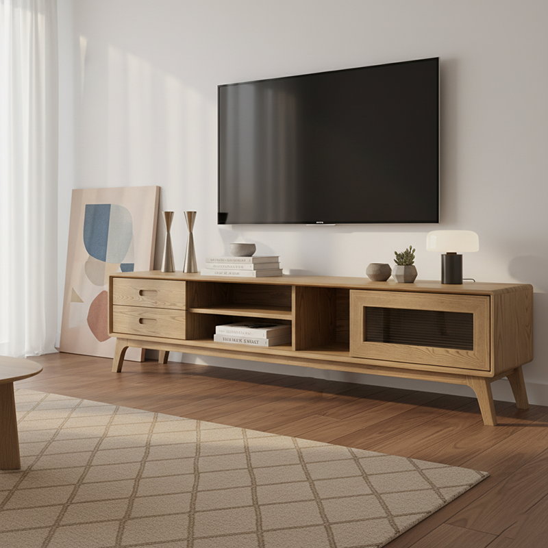 Non-Toxic Ash Wood TV Stand - Modern Minimalist Invisible Slide Drawer & Open Shelf Design TV Cabinet 2 -Drawer For Living Room Lumendat