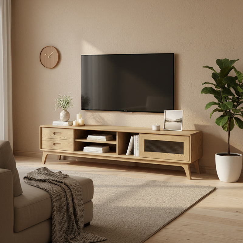 Non-Toxic Ash Wood TV Stand - Modern Minimalist Invisible Slide Drawer & Open Shelf Design TV Cabinet 2 -Drawer For Living Room Lumendat