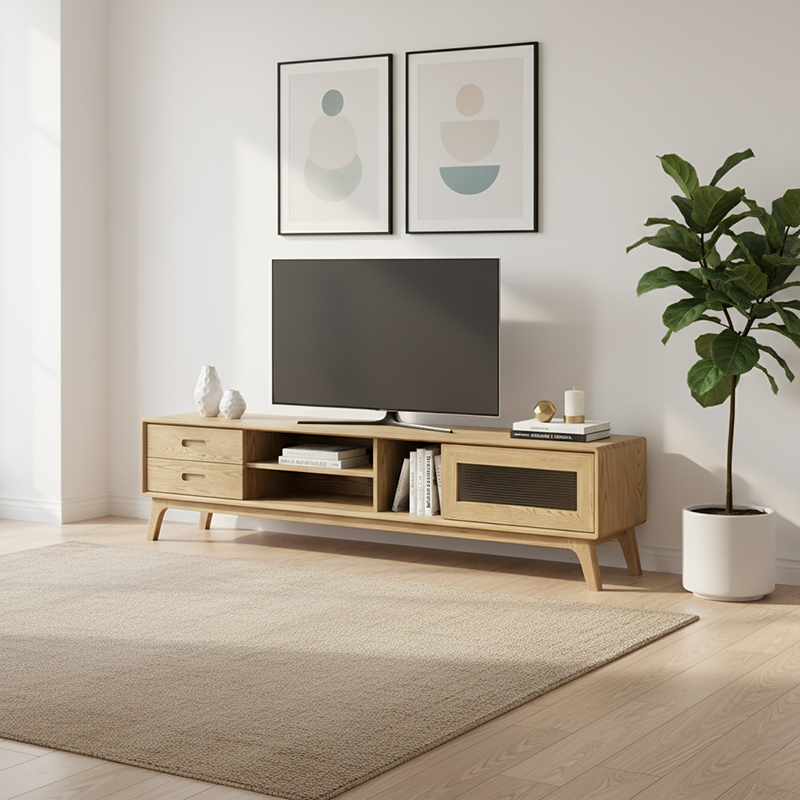 Non-Toxic Ash Wood TV Stand - Modern Minimalist Invisible Slide Drawer & Open Shelf Design TV Cabinet 2 -Drawer For Living Room Lumendat