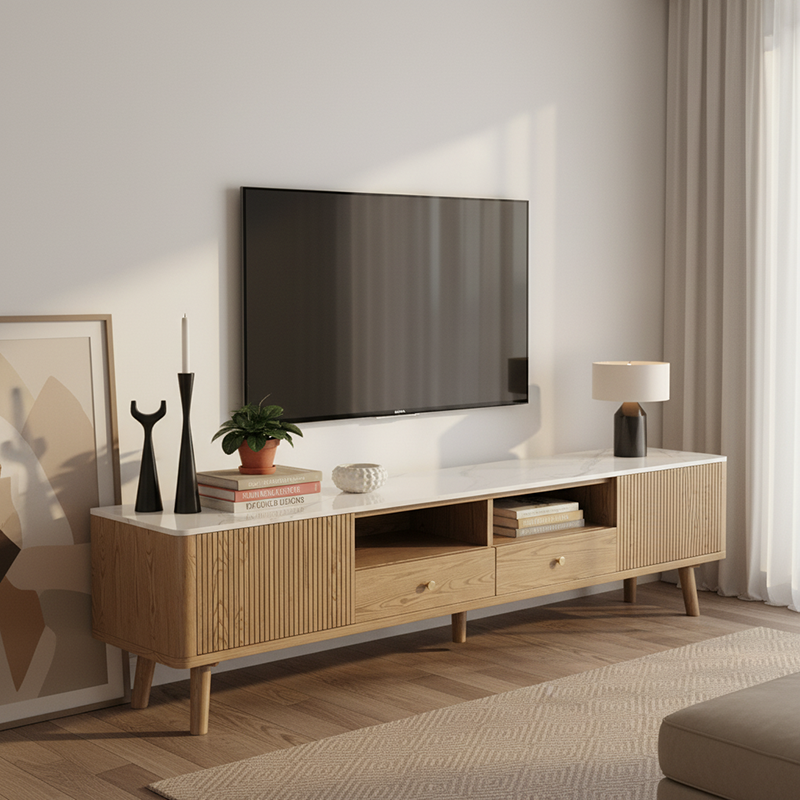 French Crafted Ash Wood TV Stand - Eco-Friendly & Multi-Storage Solutions TV Cabinet 5 -Leg For Living Room Lumendat