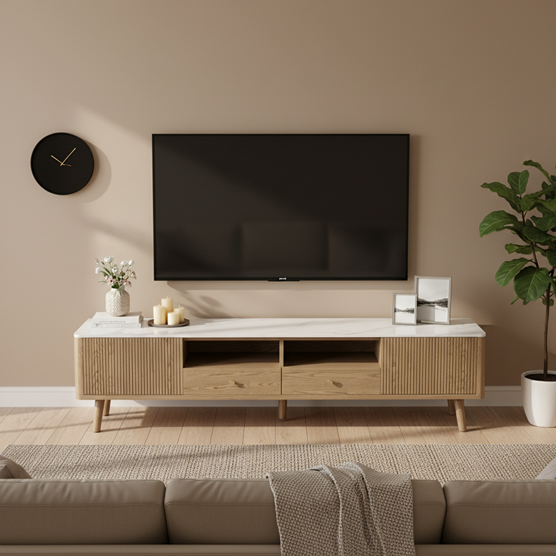 French Crafted Ash Wood TV Stand - Eco-Friendly & Multi-Storage Solutions TV Cabinet 5 -Leg For Living Room Lumendat