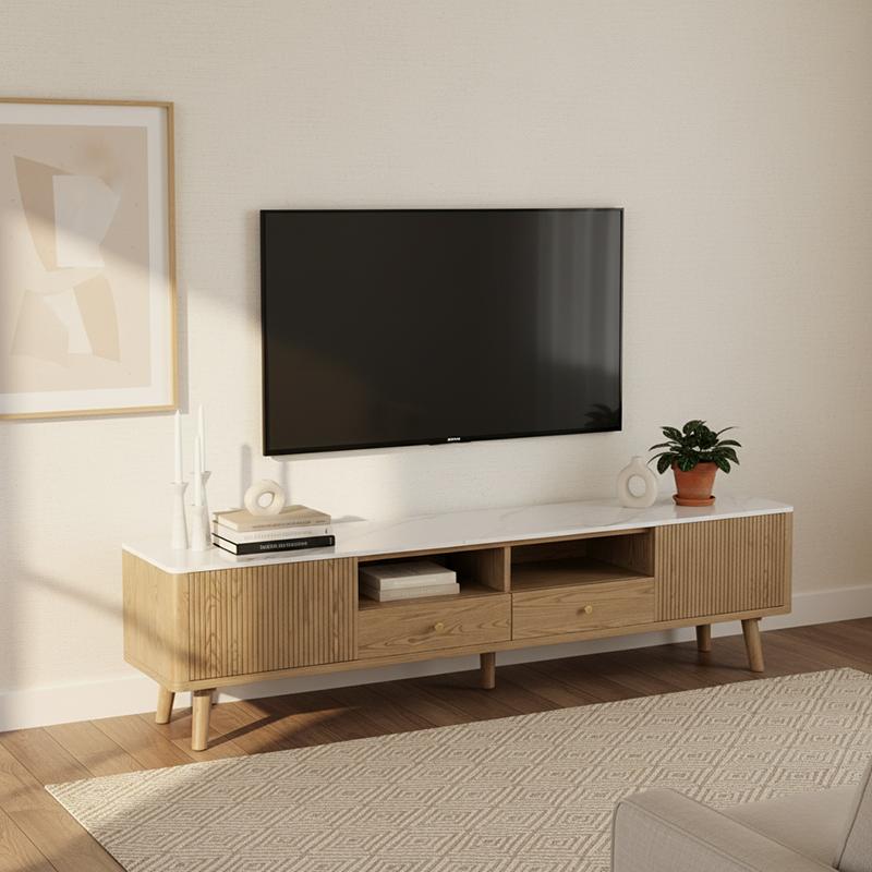 French Crafted Ash Wood TV Stand - Eco-Friendly & Multi-Storage Solutions TV Cabinet 5 -Leg For Living Room Lumendat