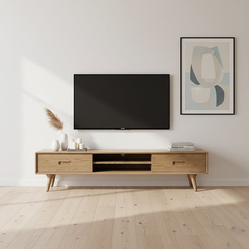 Handcrafted Ash Wood TV Stand - Timeless Traditional Formaldehyde-Free & Dual Storage TV Cabinet 2 -Drawer For Living Room Lumendat