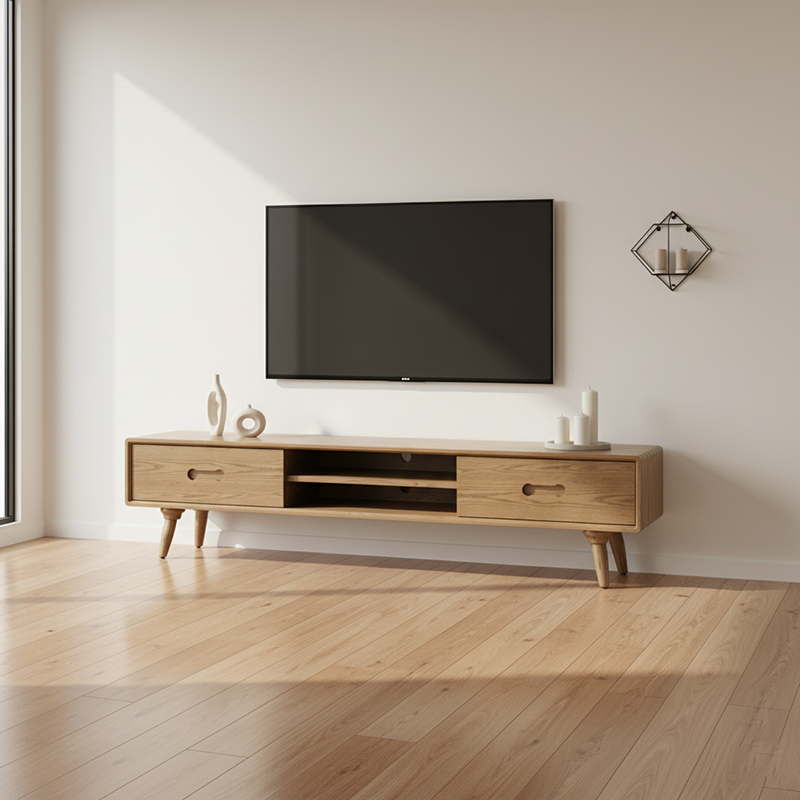 Handcrafted Ash Wood TV Stand - Timeless Traditional Formaldehyde-Free & Dual Storage TV Cabinet 2 -Drawer For Living Room Lumendat
