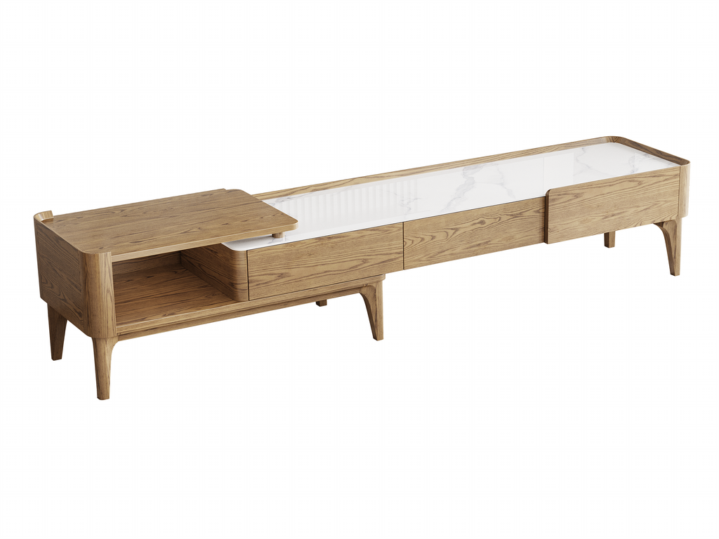 Hand-Sanded Ash Wood TV Stand - French Extendable Rock Slab & Solid Craft TV Cabinet 2 -Drawer For Living Room Lumendat