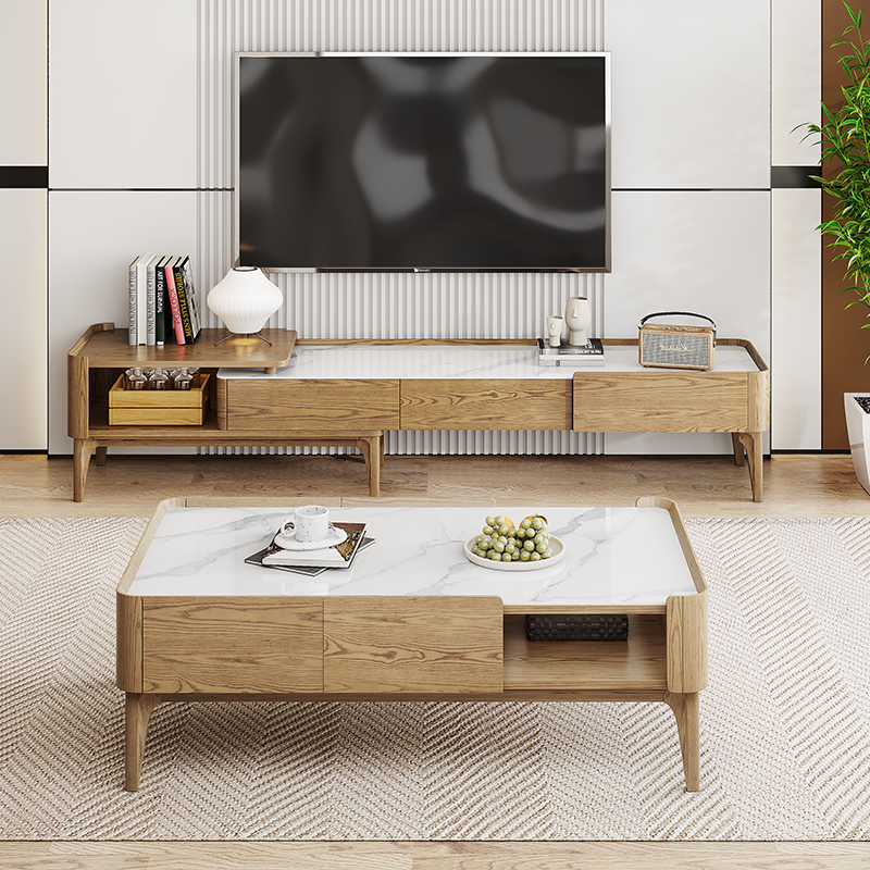 Hand-Sanded Ash Wood TV Stand - French Extendable Rock Slab & Solid Craft TV Cabinet 2 -Drawer For Living Room Lumendat