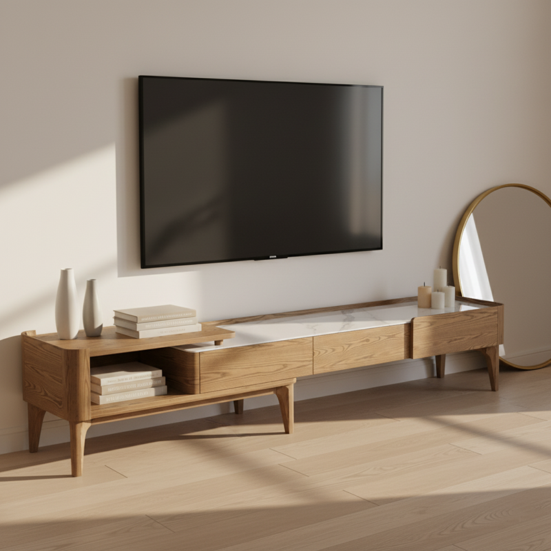Hand-Sanded Ash Wood TV Stand - French Extendable Rock Slab & Solid Craft TV Cabinet 2 -Drawer For Living Room Lumendat