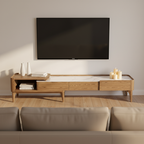 Hand-Sanded Ash Wood TV Stand - French Extendable Rock Slab & Solid Craft TV Cabinet 2 -Drawer For Living Room Lumendat