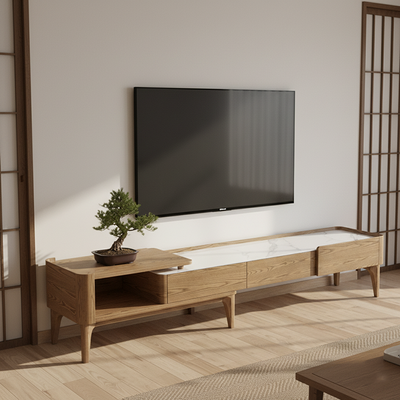 Hand-Sanded Ash Wood TV Stand - French Extendable Rock Slab & Solid Craft TV Cabinet 2 -Drawer For Living Room Lumendat
