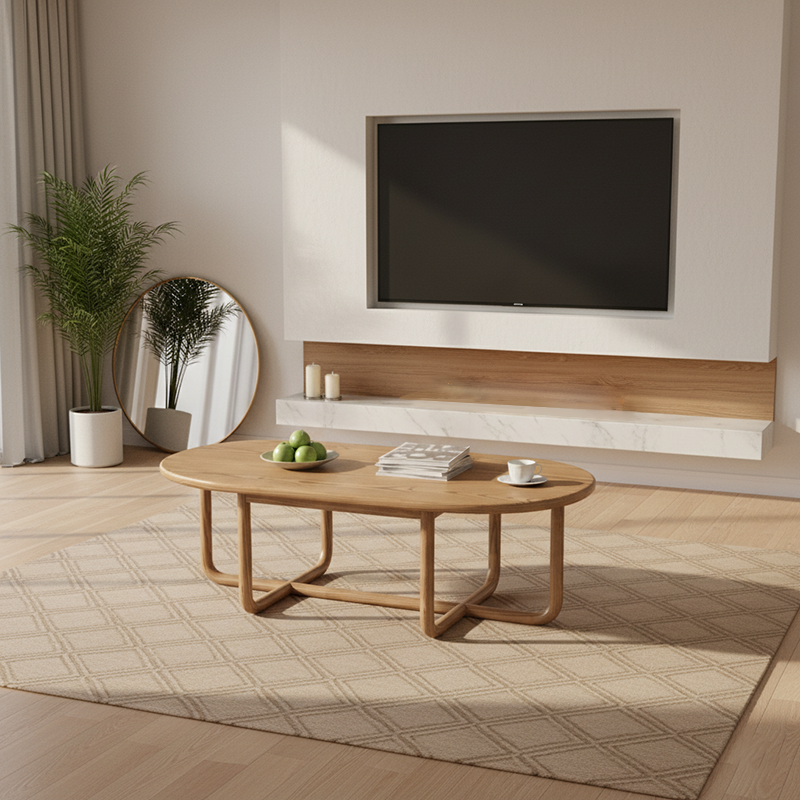 Modern Minimalist Oval Coffee Table - Stable & Eco-Friendly Ash Wood Table 1-Tier For Living Room Lumendat