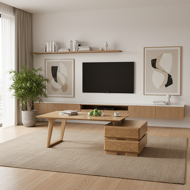 Japanese Zen Ash Wood Extendable Coffee Table - Extendable & Eco-Friendly Storage Table 2-Drawer For Living Room Lumendat