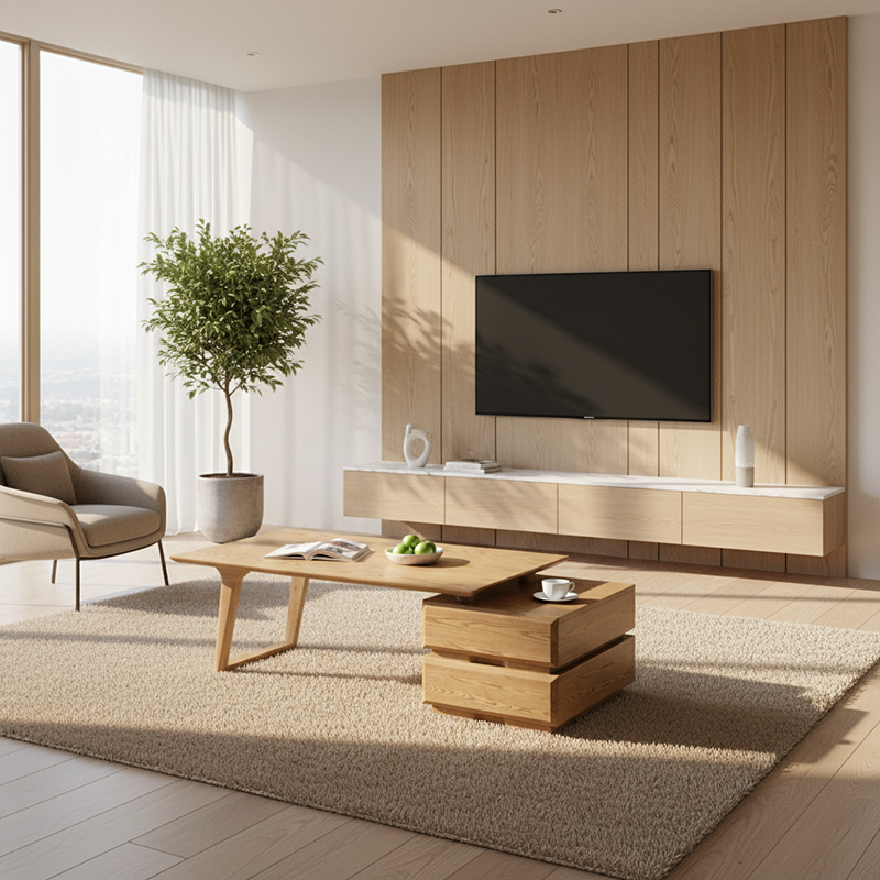 Japanese Zen Ash Wood Extendable Coffee Table - Extendable & Eco-Friendly Storage Table 2-Drawer For Living Room Lumendat