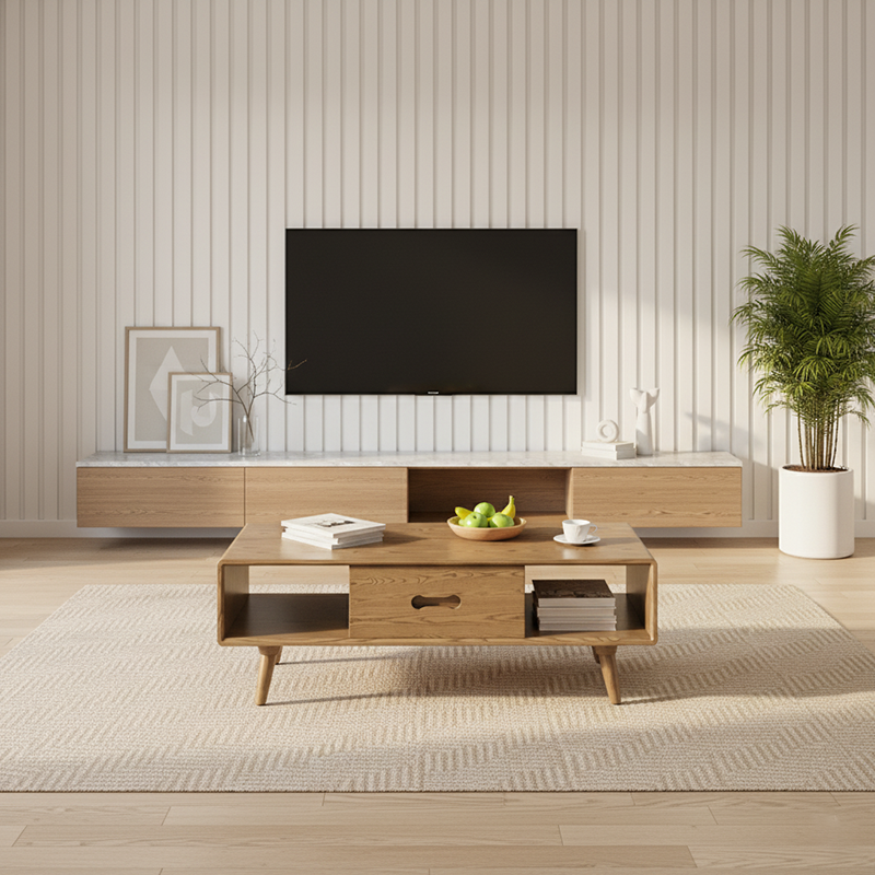 Space-Saving Modern Minimalist Ash Wood Coffee Table - Eco-friendly & Organized Storage Table 2-Tier For Living Room Lumendat