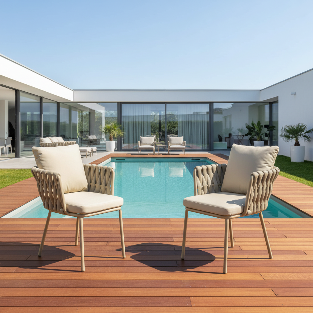 Modern Aluminum Outdoor Dining Chair With Woven Backrest - Waterproof Cushion Accent Chair For Outdoor Lumendat