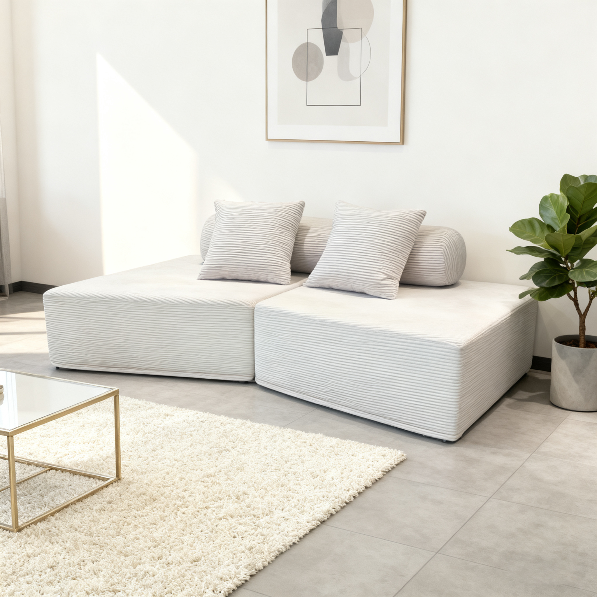 Minimalist Trapezoidal Sectional Compression Sofa - High-Density Rebound Foam Silent Frameless Corduroy Lounge Chair For Living Room Lumendat