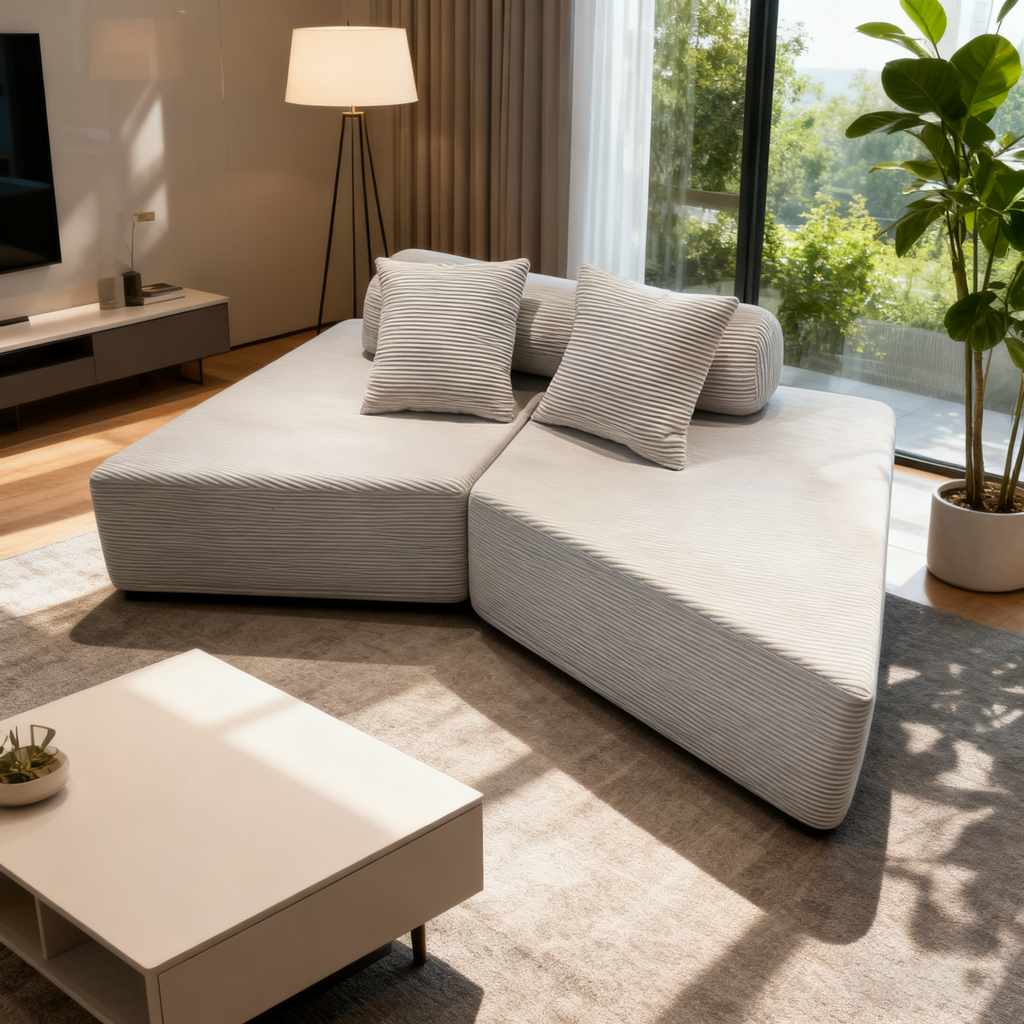 Minimalist Trapezoidal Sectional Compression Sofa - High-Density Rebound Foam Silent Frameless Corduroy Lounge Chair For Living Room Lumendat