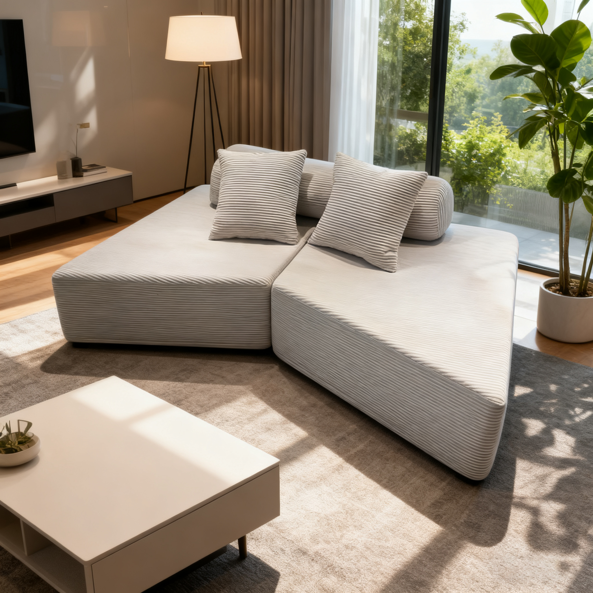Minimalist Trapezoidal Sectional Compression Sofa - High-Density Rebound Foam Silent Frameless Corduroy Lounge Chair For Living Room Lumendat