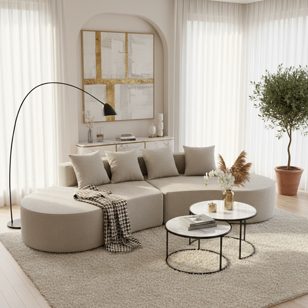 Nordic Dual-Oval Sectional Compression Sofa - Frameless Silent High-Resilience Foam Chenille Lounge Sofa For Living Room Lumendat